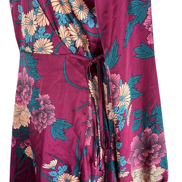Lulus Love Is Life Floral Satin Mini Wrap Dress Wine Burgundy Floral Long Sleeve - Picture 7 of 10